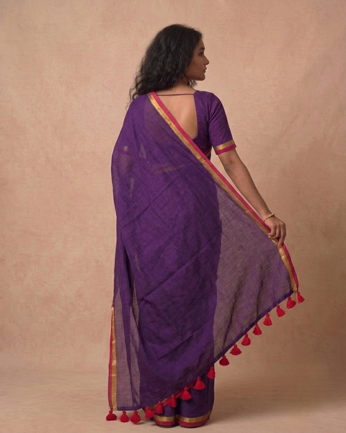 Deep purple mulmul cotton saree with red and zari border
