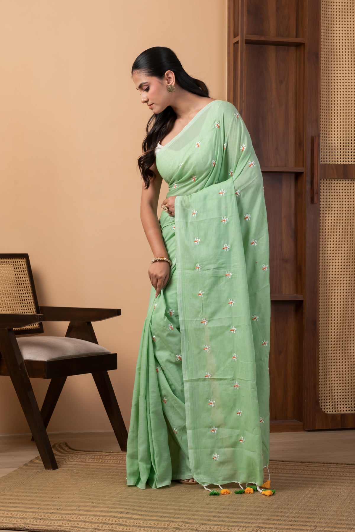Mint Green Handloom Saree with Delicate Floral Embroidery