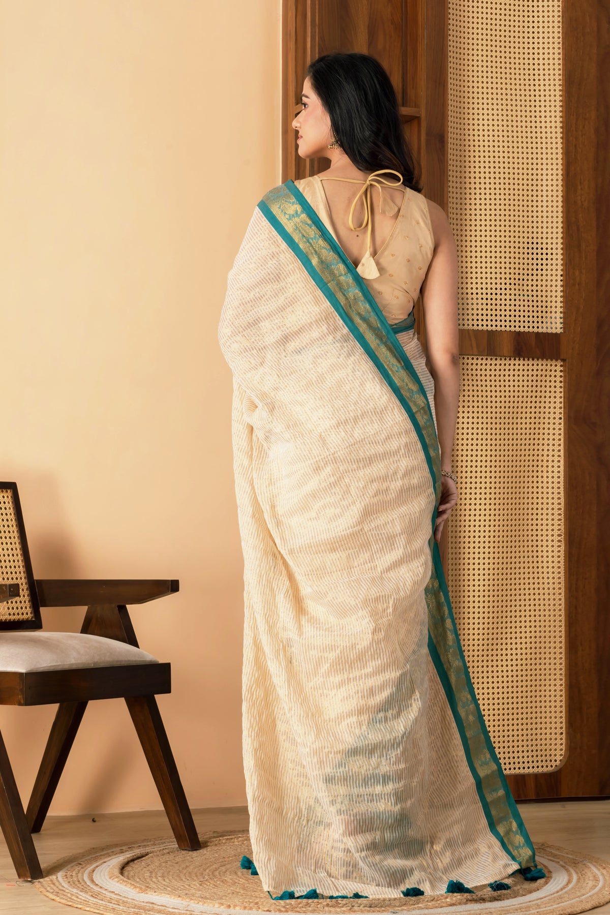 Zari striped pure tissue mul cotton saree  Rama green border