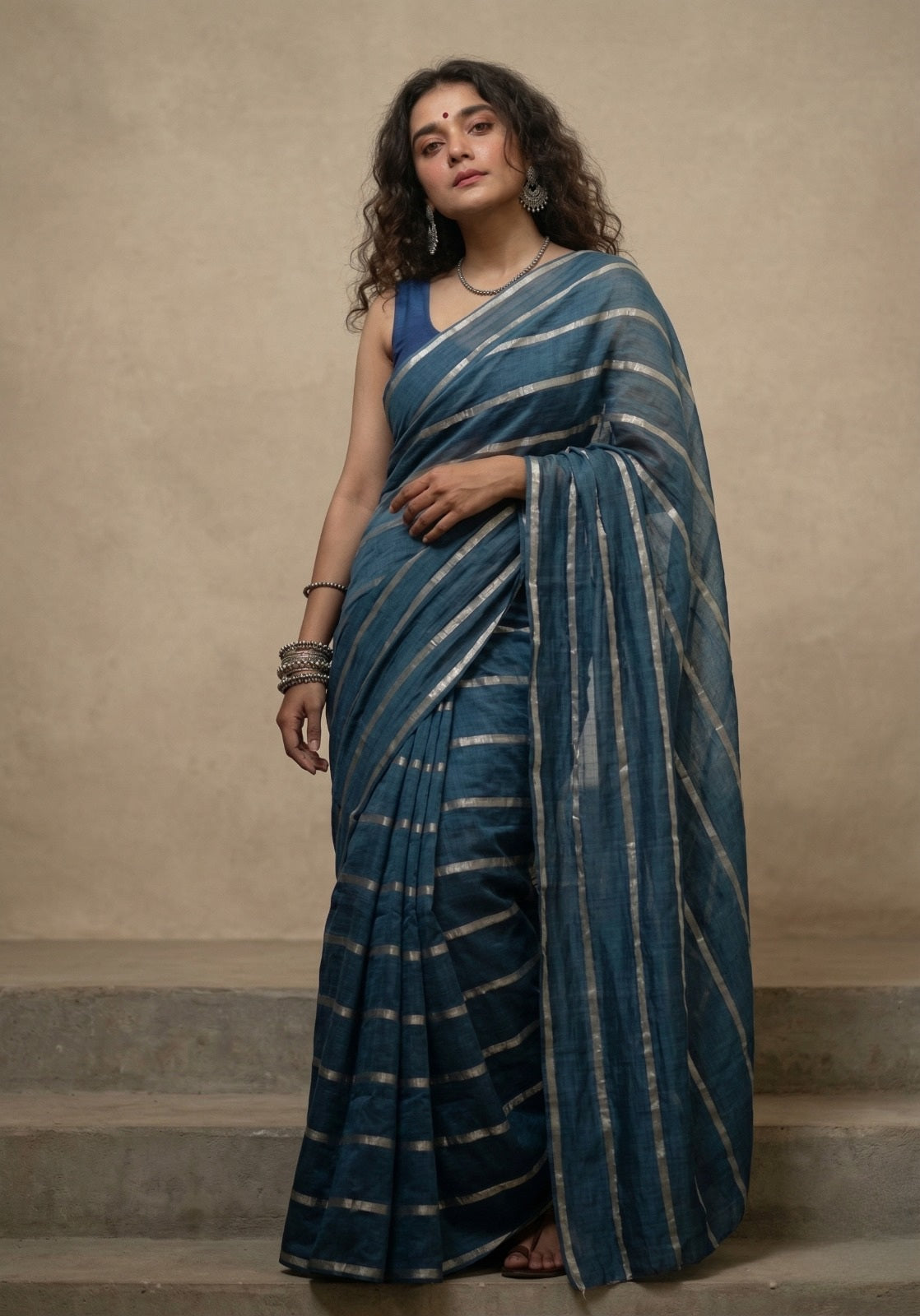 Indigo blue striped mulmul cotton saree