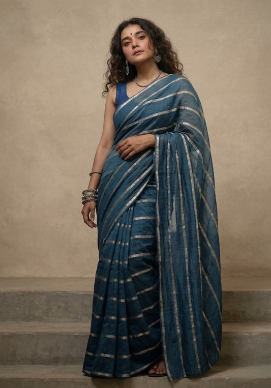 Indigo blue striped mulmul cotton saree