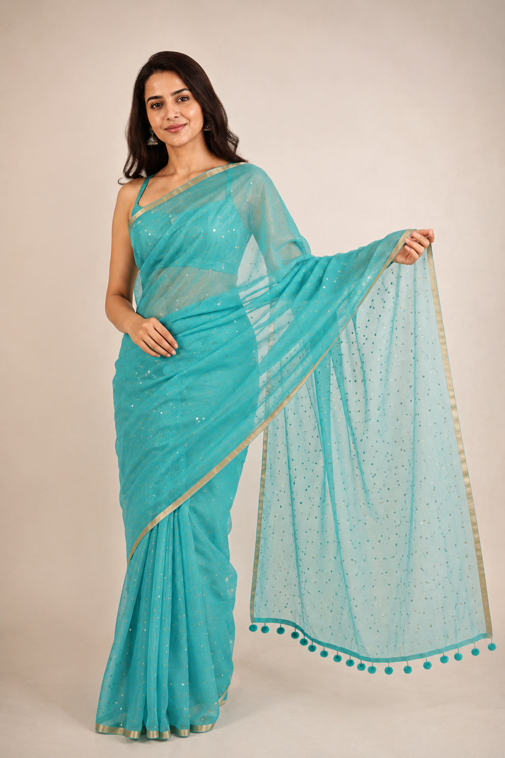 Turqoise blue all over sequins Resham silk saree