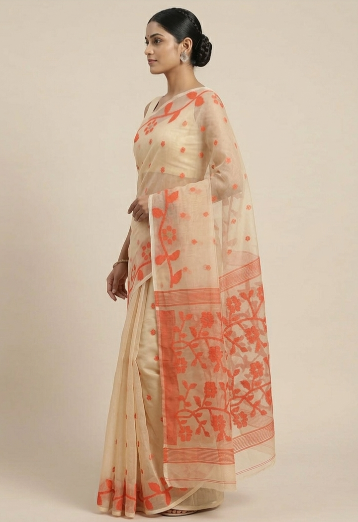 Off white and orange jamdani woven resham Silk