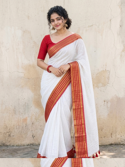 Pure Mul Cotton Saree with Traditional Kanchi Border & Self Check