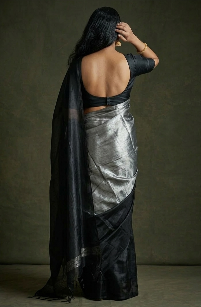 Silver & black Metallic Cotton Tissue saree