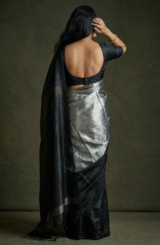 Silver & black Metallic Cotton Tissue saree