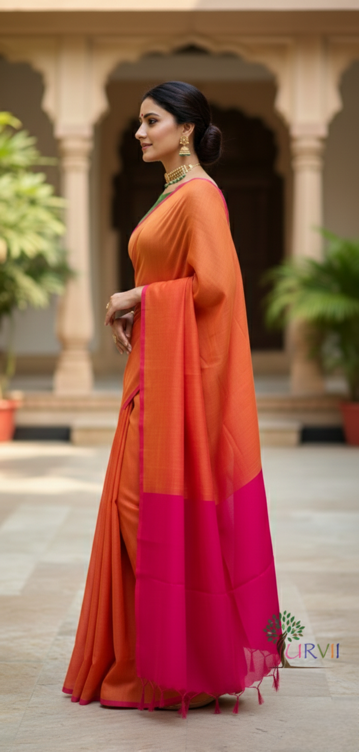Burnt orange mulmul cotton saree