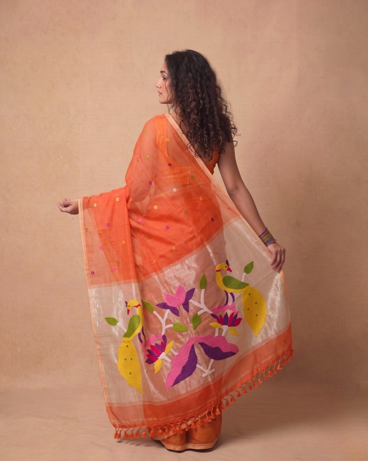 Burnt orange handspun Resham Paithni Silk Saree