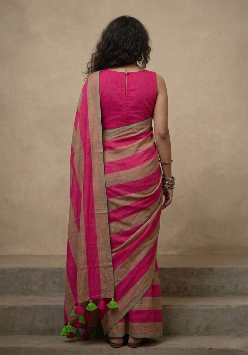 Dark pink n brown striped mulmul cotton saree