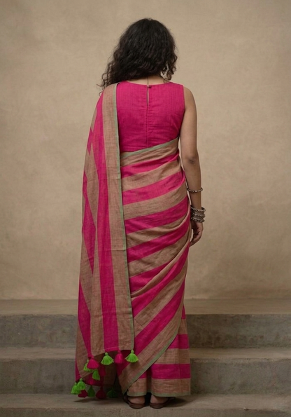 Dark pink n brown striped mulmul cotton saree