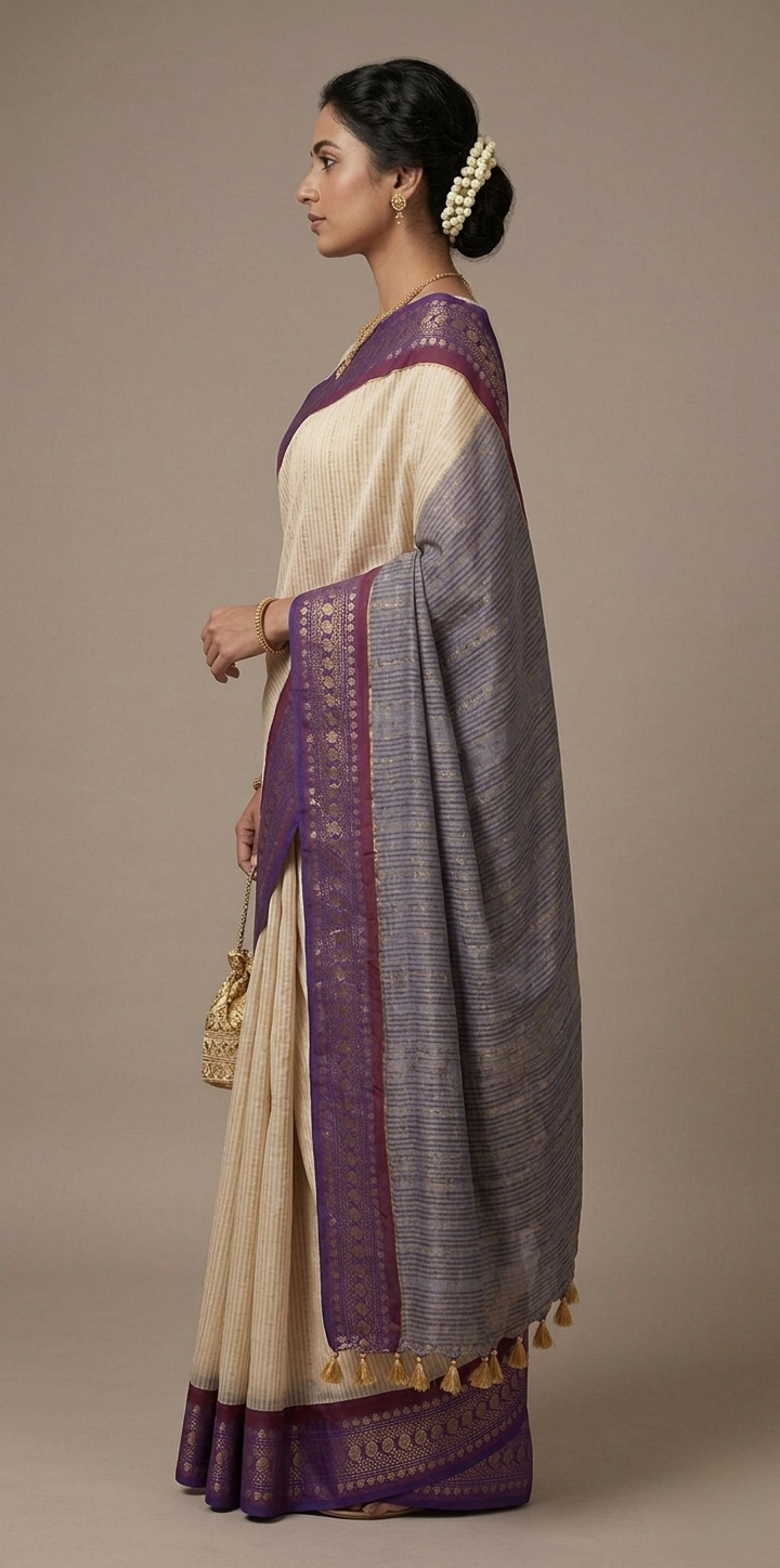 Off white purple zari border striped mulmul saree