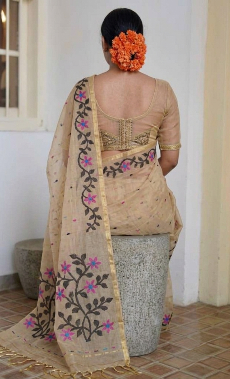 Beige jamdani resham silk saree