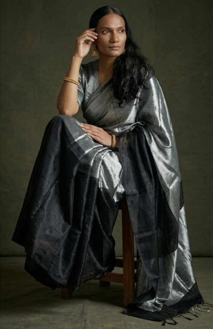 Silver & black Metallic Cotton Tissue saree