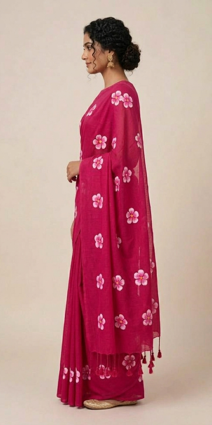 Dark Pink Floral Printed Mul Cotton Saree
