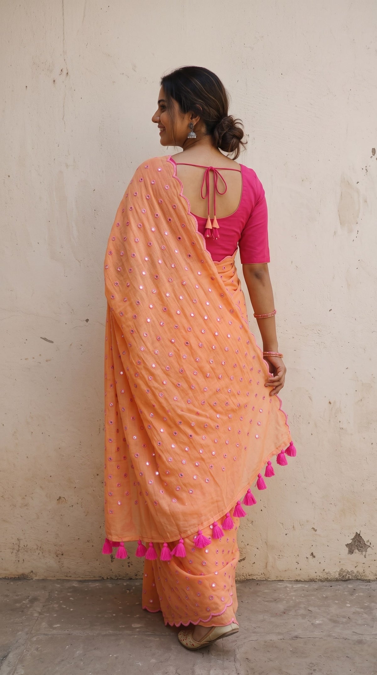 Light Orange scallop Border Mirror Work Saree