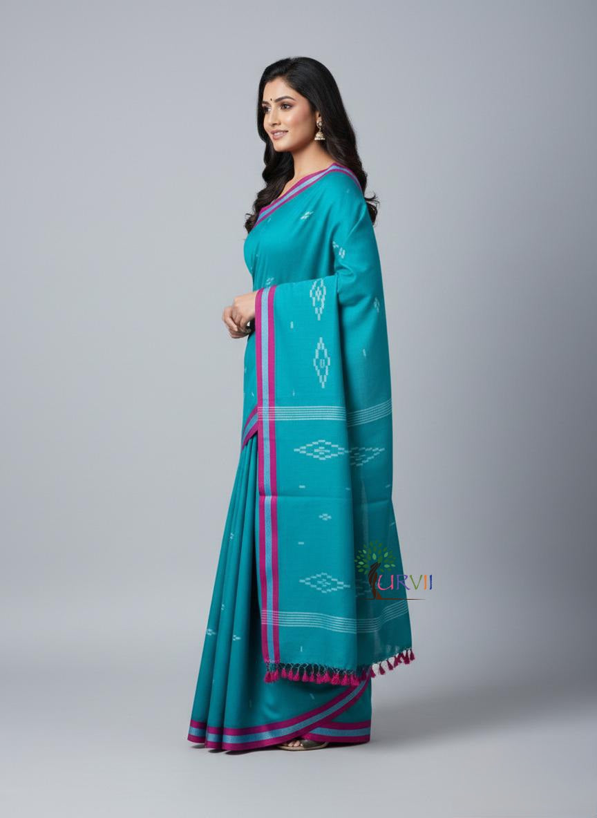 Turqoise blue mulmul cotton saree