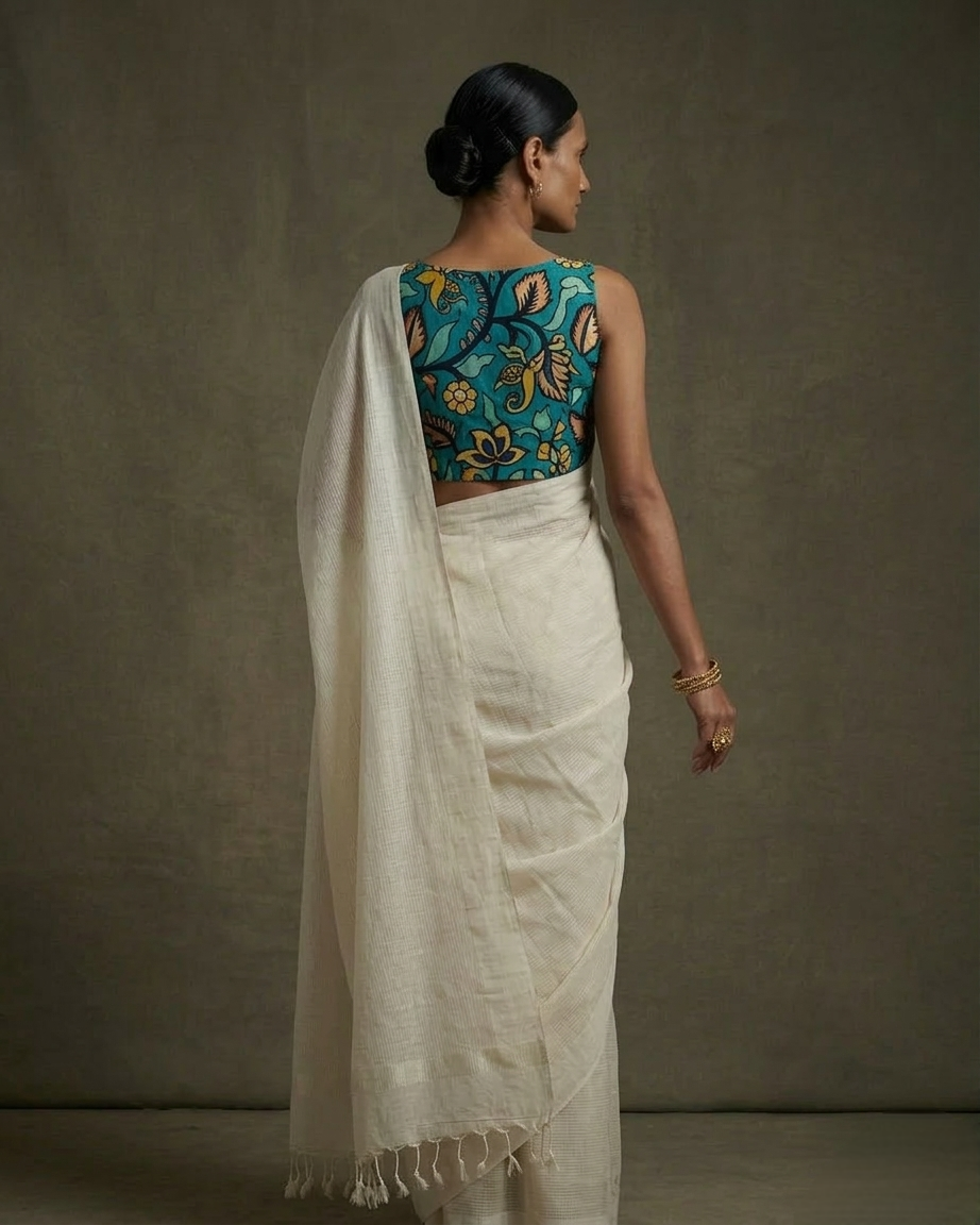 Plain ivory color mangalgiri cotton sarees with hand-painted kalamkari bP .