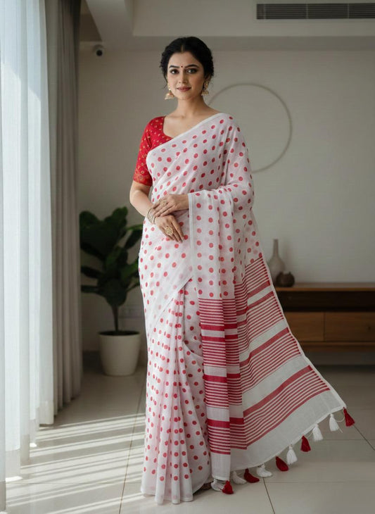 Polka printed mulmul cotton saree