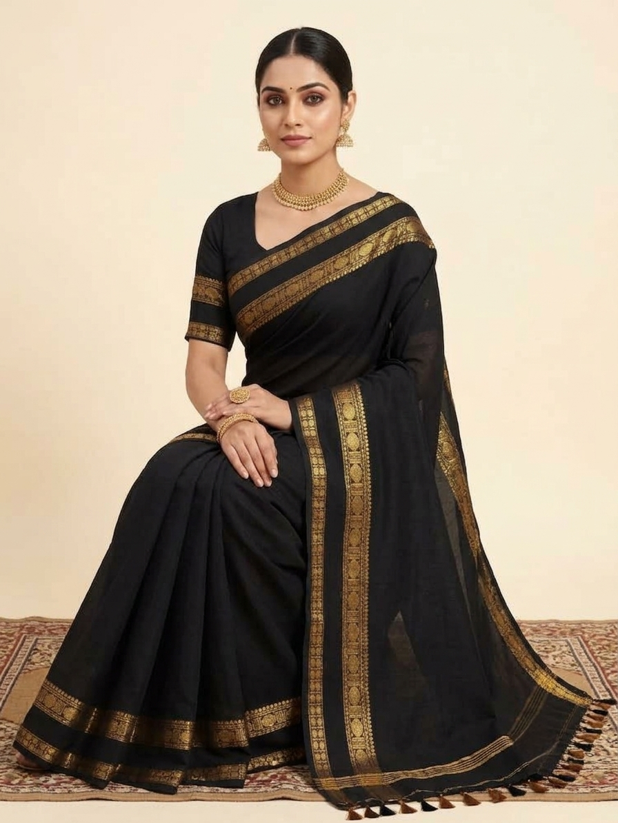 Classic Black Handloom Cotton Saree with Zari Kanchi Border