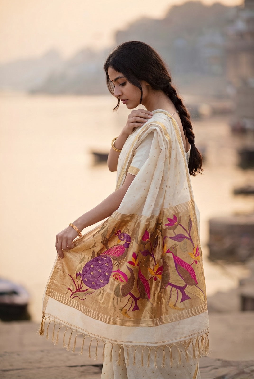 Off white handspun resham paithani silk saree