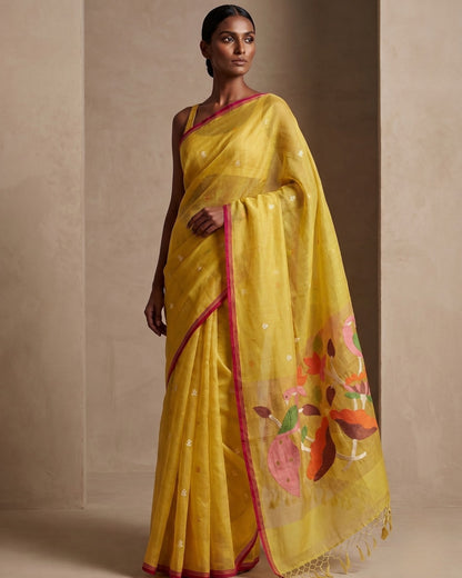 Yellow handspun resham paithni silk saree