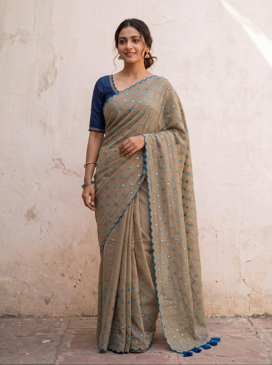 Grey scallop Border Mirror Work Saree