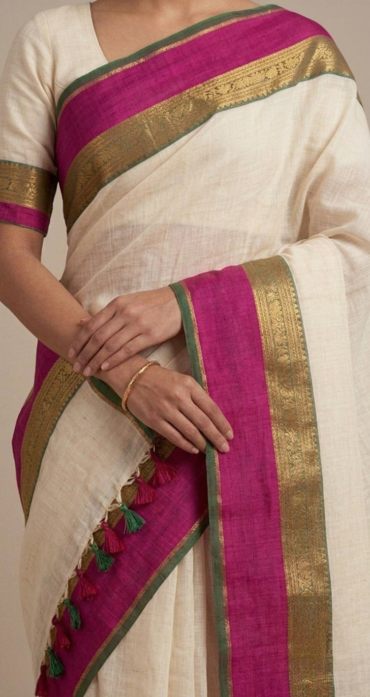 White mulmul cotton pink border saree