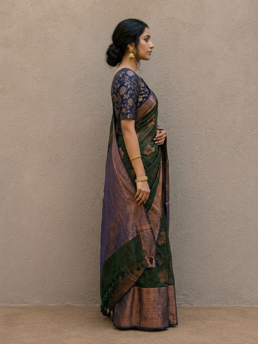 Dark green mulmul cotton flower motif saree