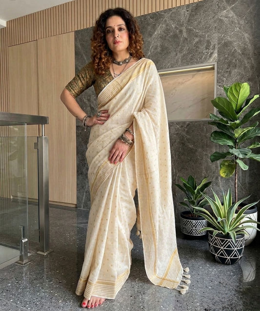 Off White mulmul cotton saree