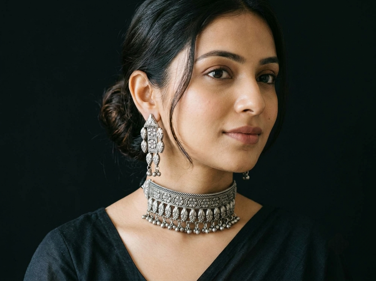Silver replica floral Choker necklace set