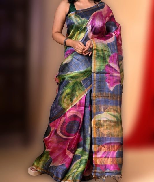 Tussar silk saree- multicolored handpainted