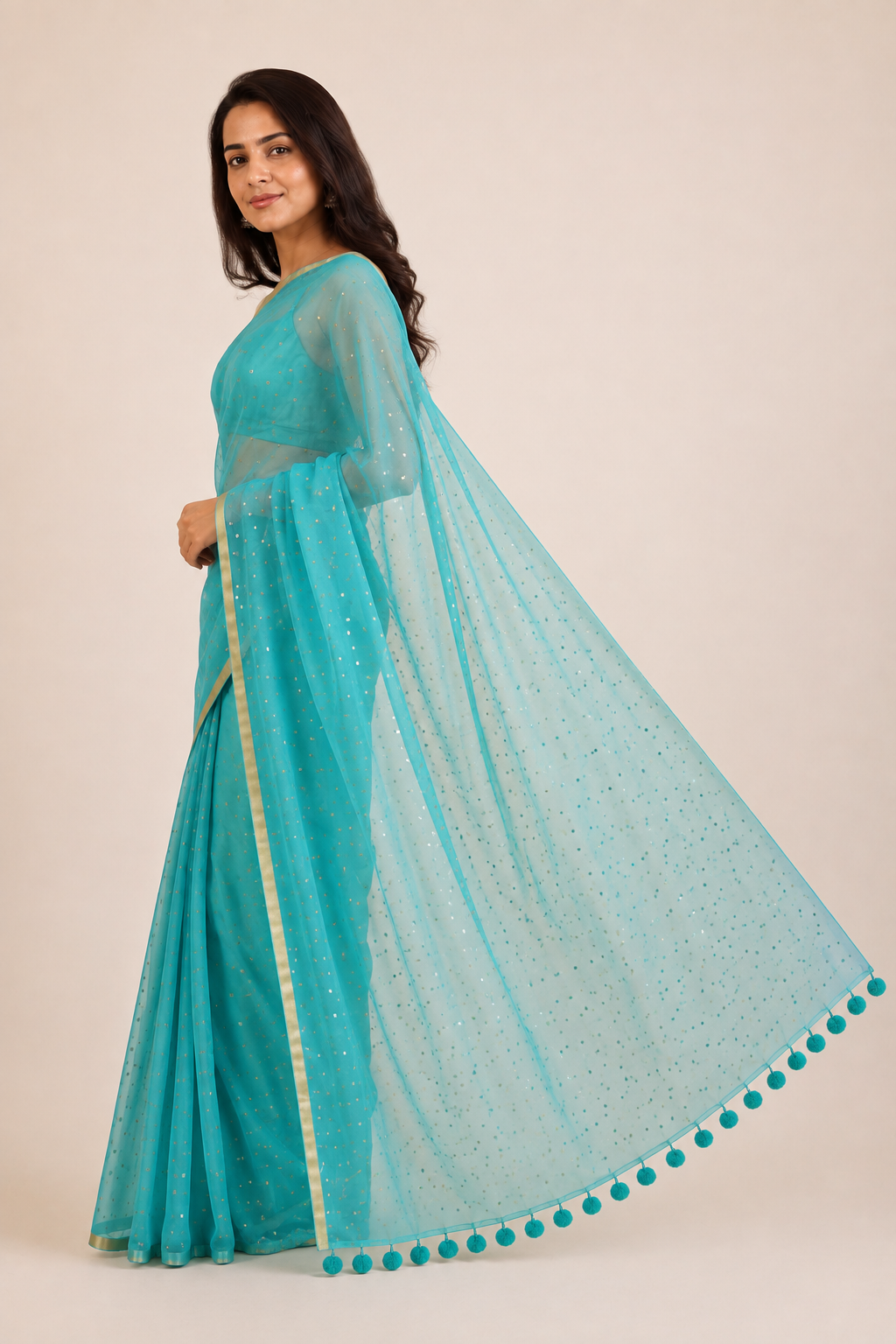 Turqoise blue all over sequins Resham silk saree