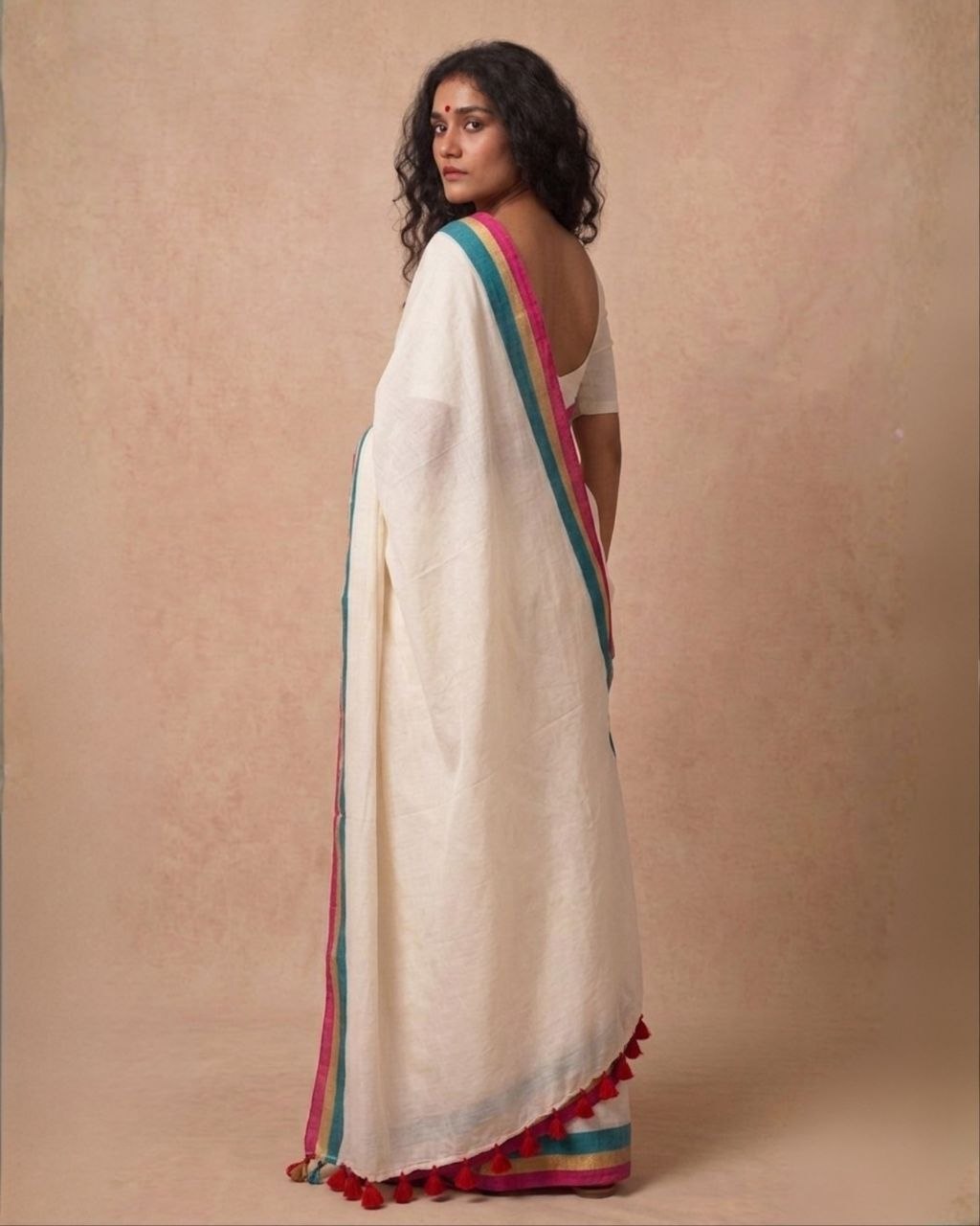 Off white triple solid border mulmul saree