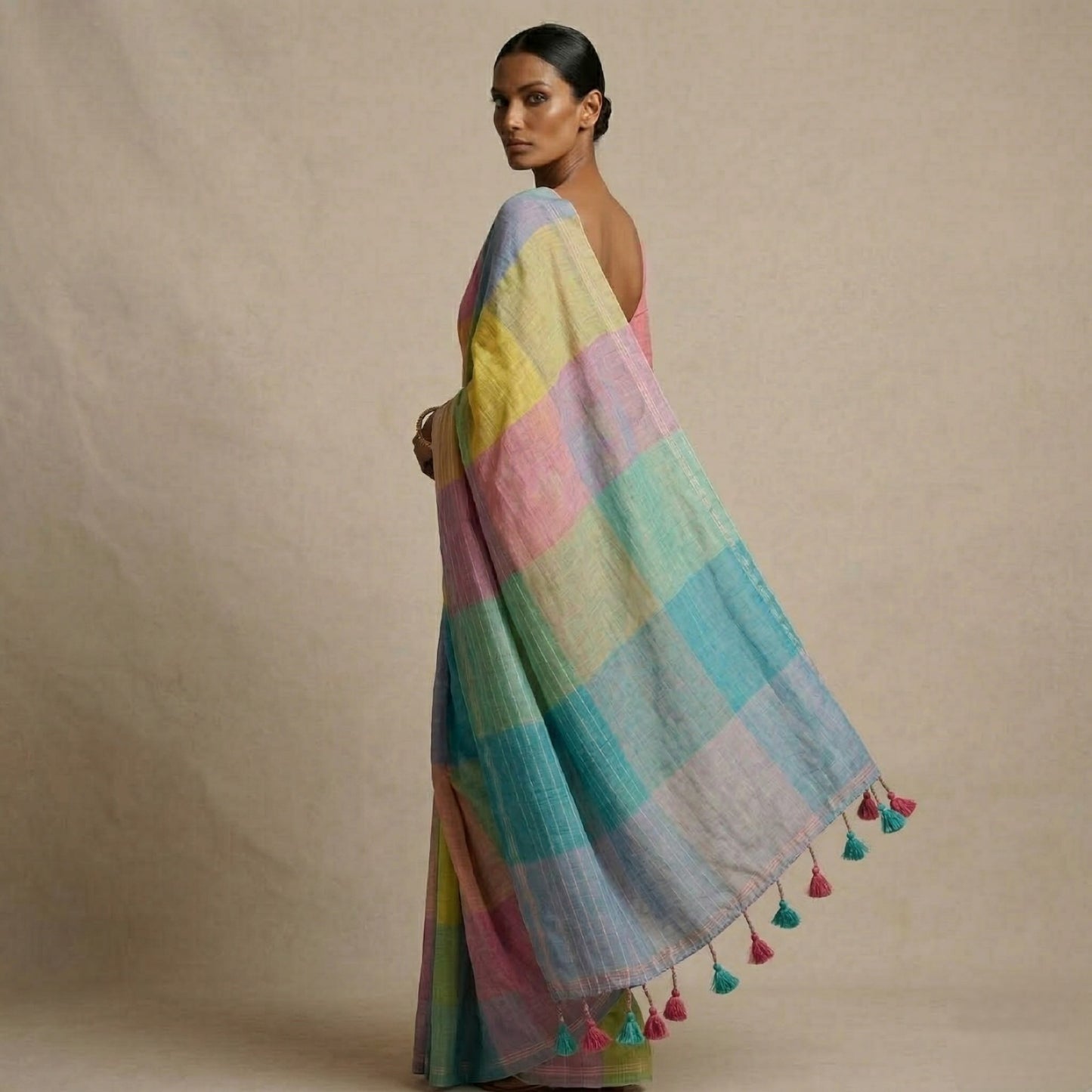 Multi colour check mulmul cotton saree