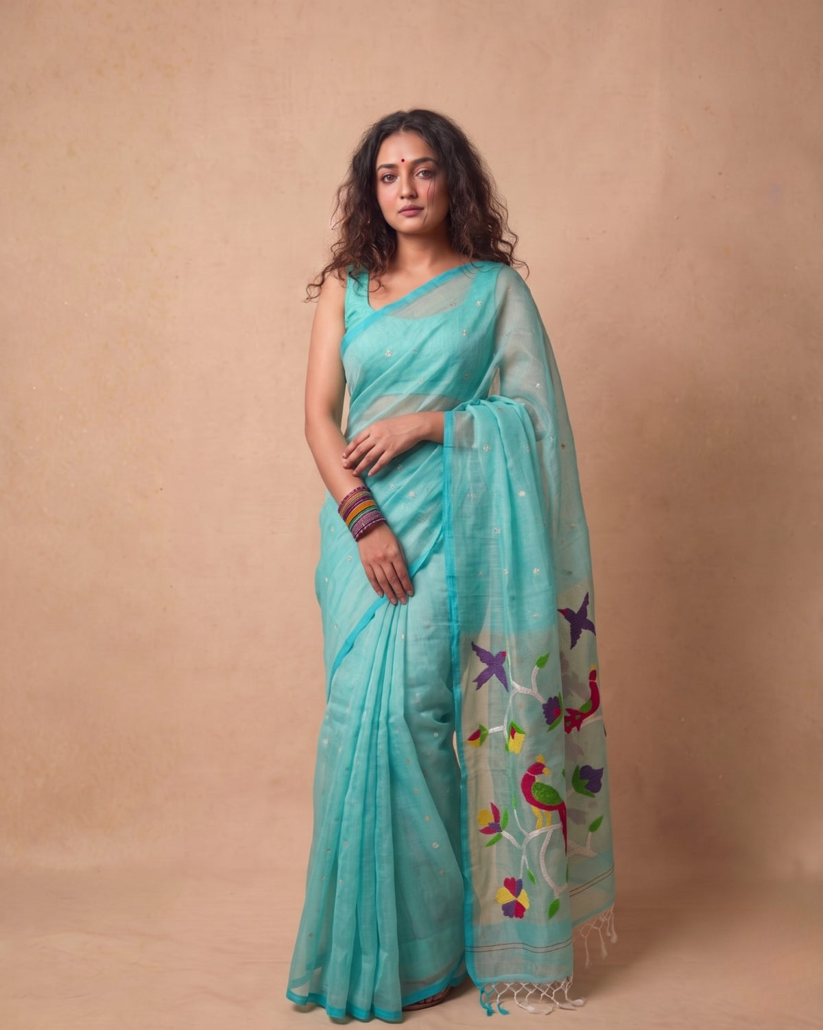 Turqoise blue handspun Resham Paithni Silk Saree