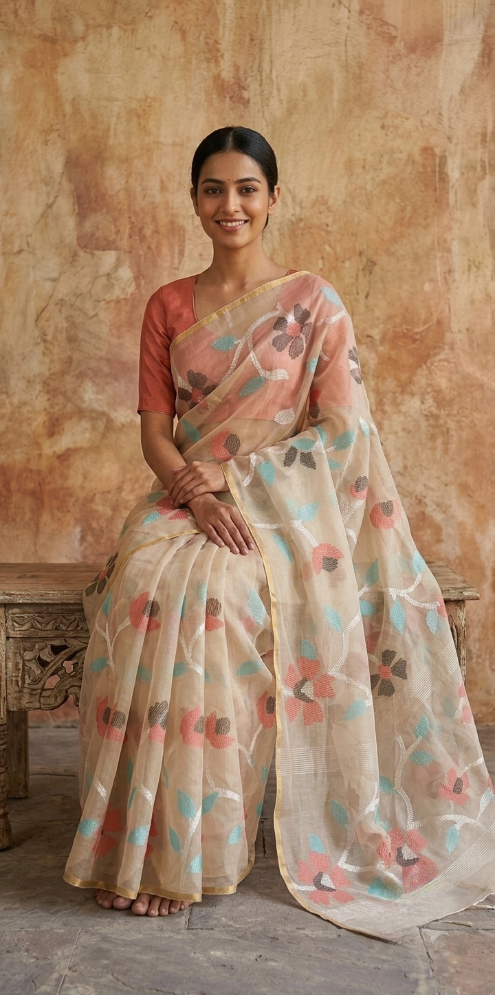Off white all over jamdani resham silk saree