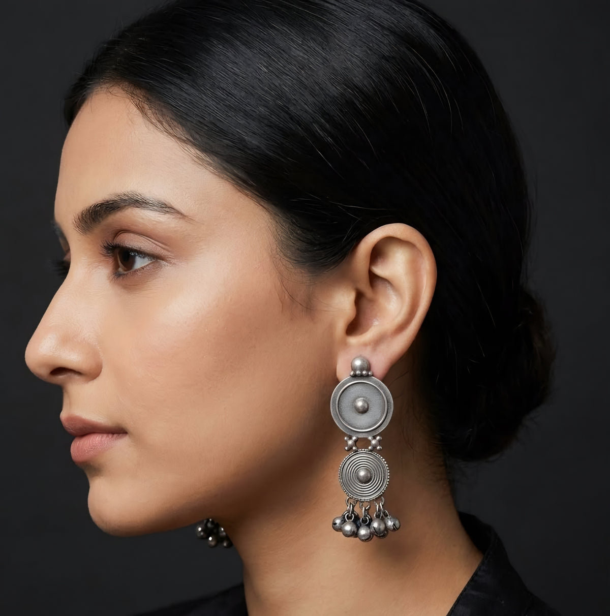 Antique Silver-Tone Medallion Dangle Earrings with Ghungroo Drops