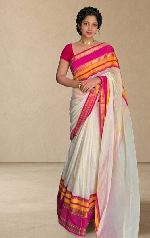 Off white deep-pink yellow kanchi border mulmul saree
