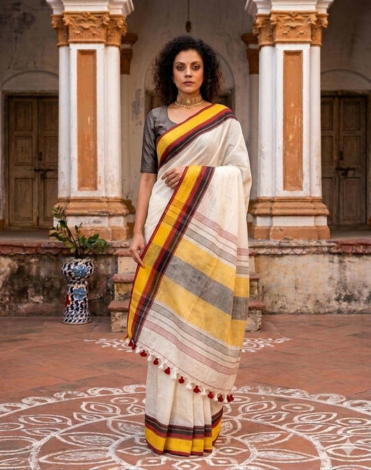 Yellow red border handspun cotton saree