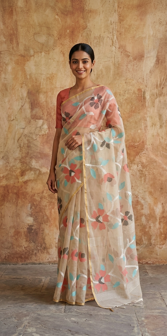 Off white all over jamdani resham silk saree