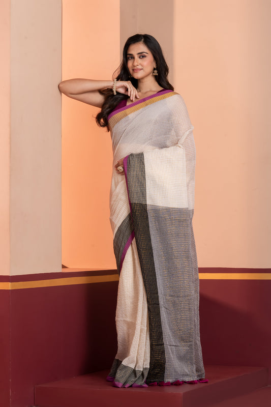 Off-White Grid Pattern Saree with Magenta contrast zari border