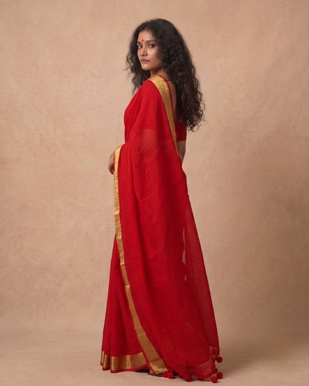 Vermillion red gold zari border mulmul saree