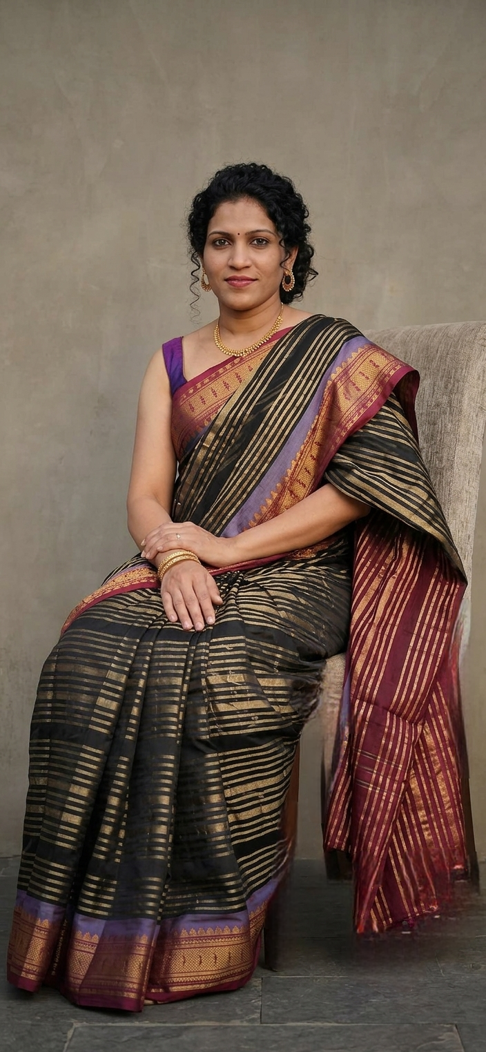 Stunning Traditional Kanchi border Black Saree with Gold Zari Stripes