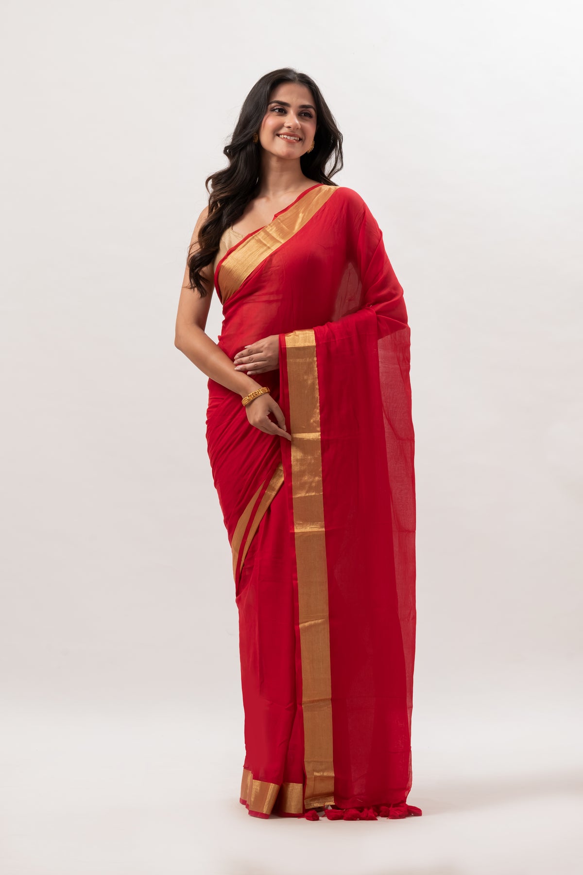 Vermillion red gold zari border mulmul saree