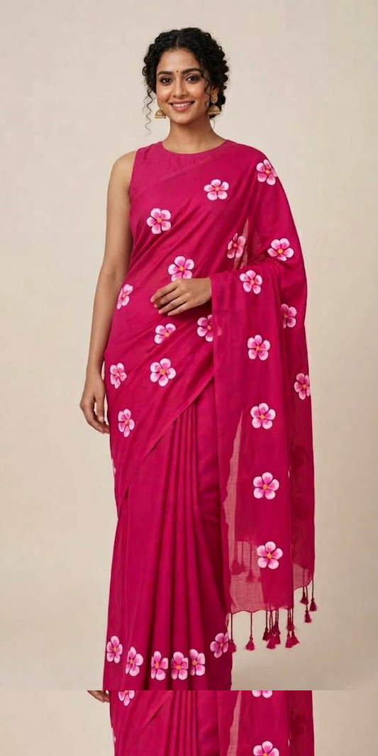 Dark Pink Floral Printed Mul Cotton Saree