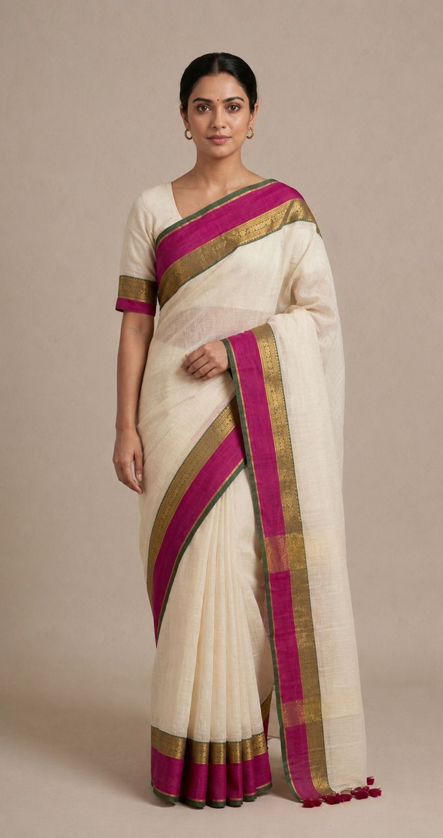 White mulmul cotton pink border saree