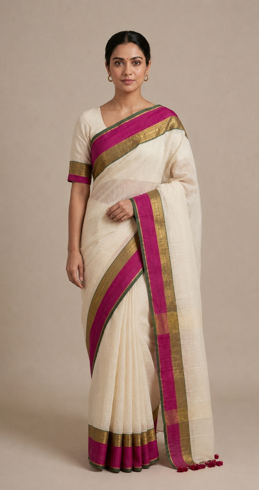 White mulmul cotton pink border saree
