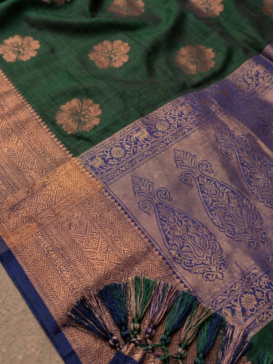 Dark green mulmul cotton flower motif saree