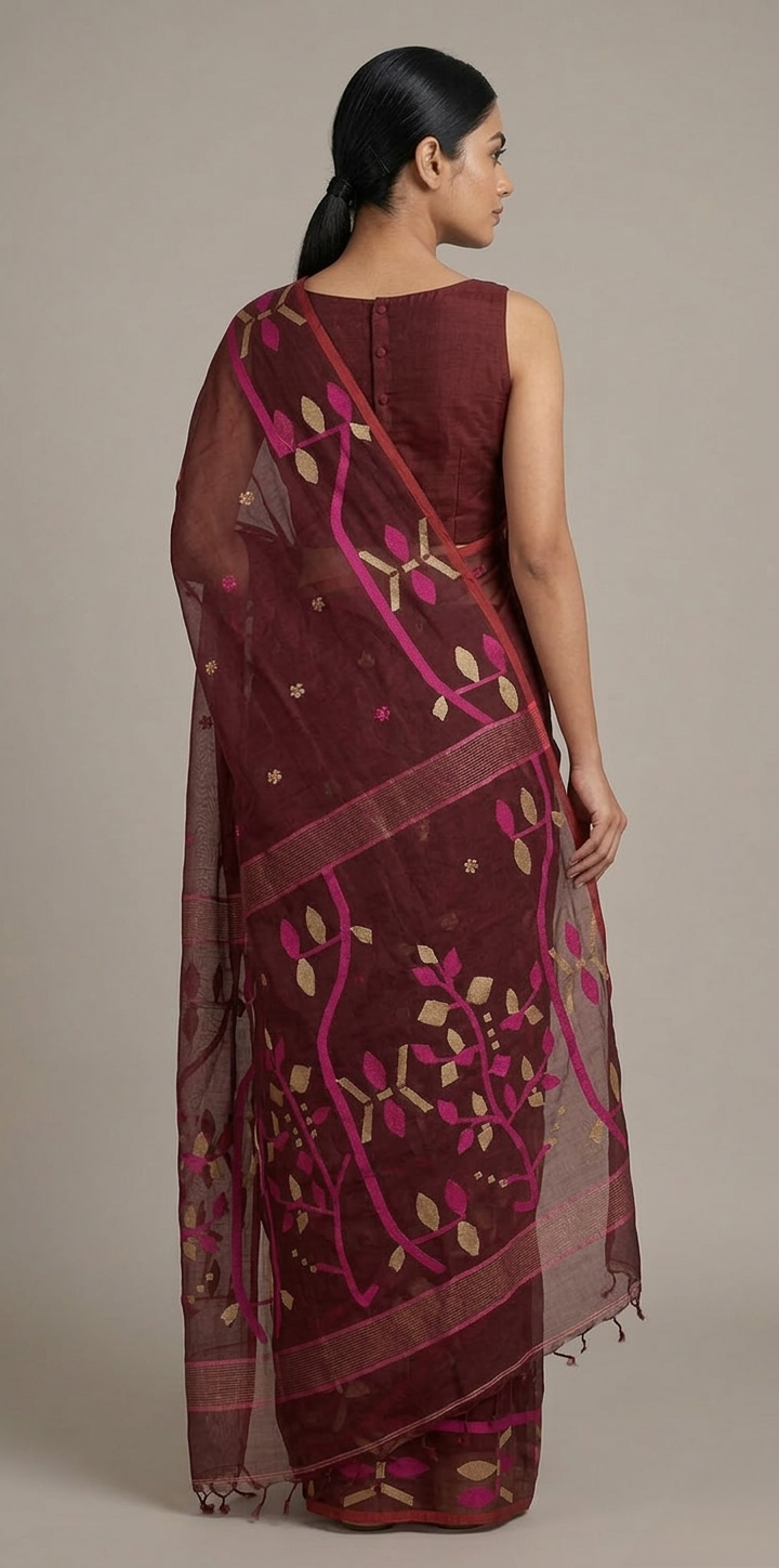 Brown jamdani woven Resham Silk
