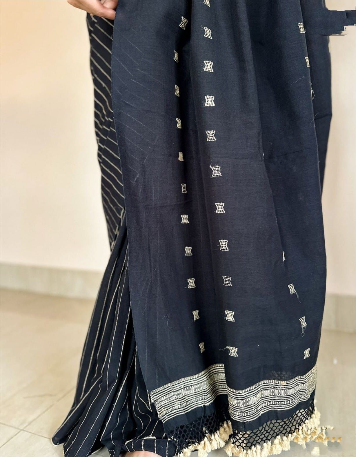 Bhujodi style black cotton striped saree